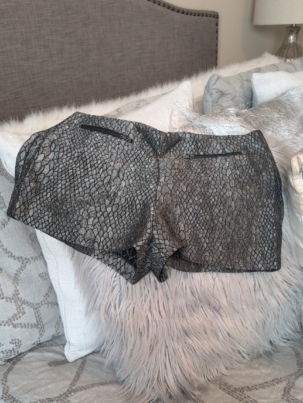 Metallic Snake-Print Mini Shorts - Silver Black
